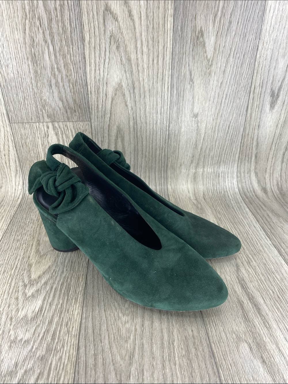 COS Dark Green Suede Knot-Back Block Heel Pumps